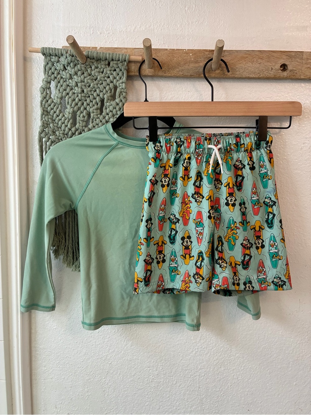 Old Navy Mint Green Long-Sleeve Rash Guard and Surf Print Shorts Set